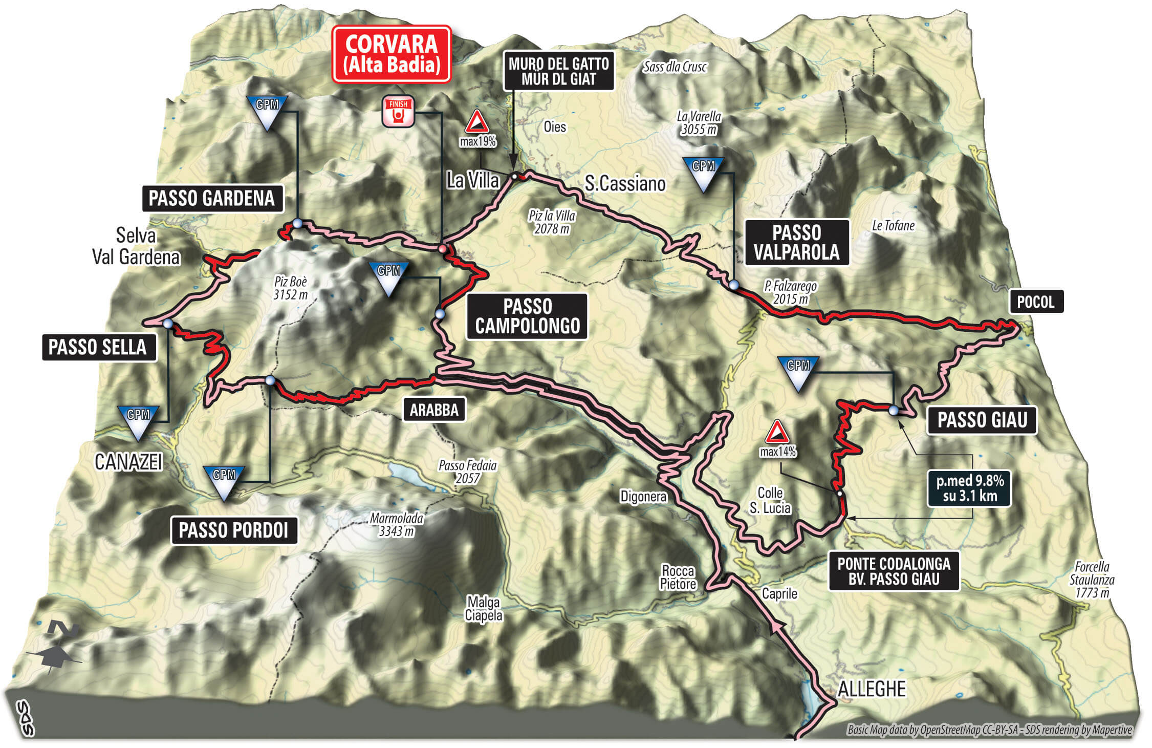 Mappa 3D tappa a Corvara del Giro d'Italia 2016